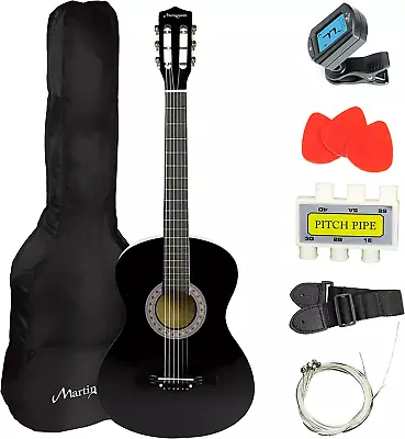38 Inch Acoustic Guitar Black With Case Pick Tuner Strap Extra Strings And • $85.99
