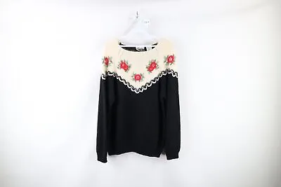 Vintage 90s Streetwear Womens Size Medium Wool Rabbit Hair Knit Flower Sweater • $53.95