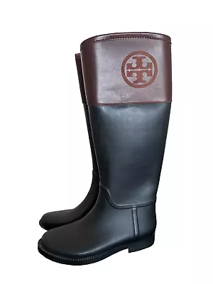 Tory Burch Women's Brown Black Knee High Rubber Colorblock Pattern Rain Boots 7 • $80