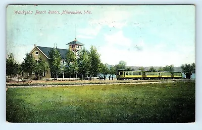 Waukesha Beach Resort Pewaukee Lake Wisconsin 1908 Postcard Interurban Train • $39.99