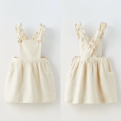 NWT Zara Baby Girl Waffle Ruffle White Pinafore Dress Outfit Boho Pointelle 4-5 • $26.99