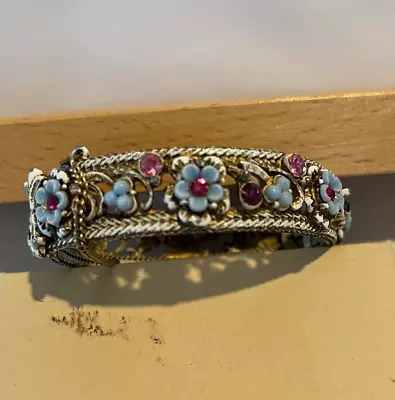 Vintage Signed Florenza Enameled Blue Flower Rhinestone Hinged Bracelet • $46