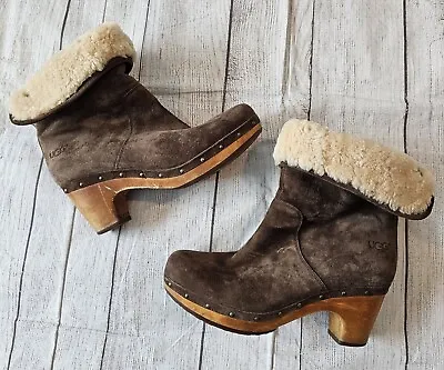 Ugg Lynnea •Size 7• Brown Suede Sheepskin Wooden Heel Boots Studded Fold Over  • $44.95