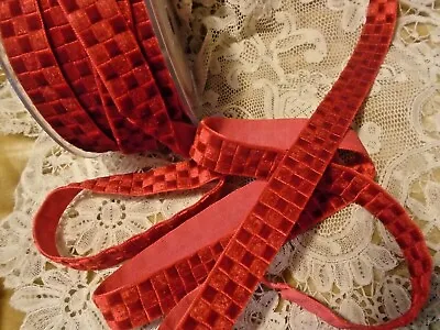 5/8  Imported Embossed Checks Velvet Ribbon - Red -germany • $2.60