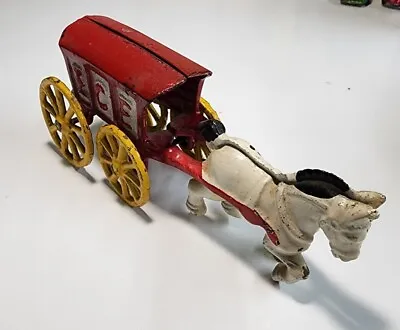 Vintage Cast Iron White Horse Drawn Red Ice Cart Buggy Toy Wagon • $17.90