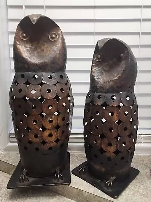 Owl Statue Art Sculptures Large 17.25  & 14.75  Tin Metal Rustic Indoor Garden • $35