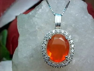 NATURAL MEXICAN FIRE OPAL PENDANT AAA++ 10X8mm & WHITE SAPPHIRE W/CHAIN 925 SS • $39.99