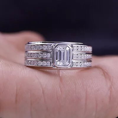 2Ct Emerald Cut Real Moissanite Men's Engagement Band Ring 14k White Gold Plated • $96.43