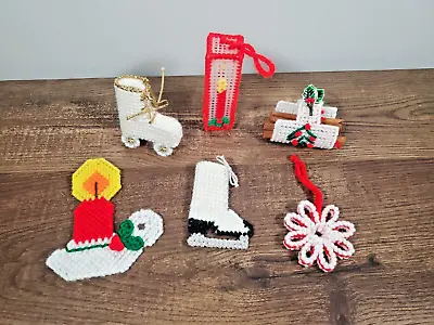 Homemade Plastic Canvas Christmas Ornaments Skate Firewood Snowflake Candle 6pc • $15