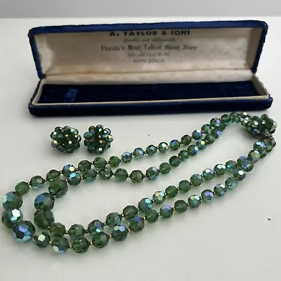 Vintage Multi Strand Green AB Crystal Faceted Glass Necklace 16” Clip On Set Box • $67.99