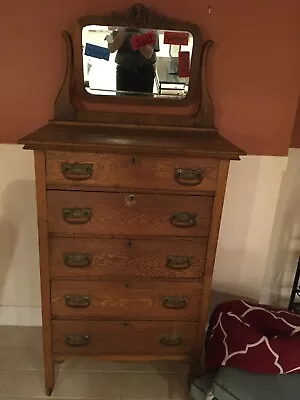 Antique Wood Oak Highboy Dresser Mirror Chest • $399