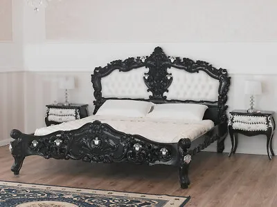 £3158 • Buy Super King Size Bed Frame Diamond Dark Rococo Style Black Lacquered And Silve...