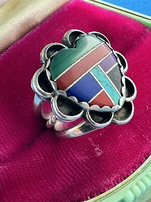 Vintage Sterling Silver Ring Turquoise Multi Stone Heart Inlay Sz 7 Southwestern • $39.99