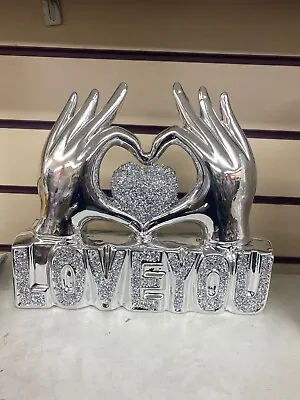 New Large Gift Crushed Diamond Silver Hand Heart Love You Sparkle Ornament Bling • £19.99