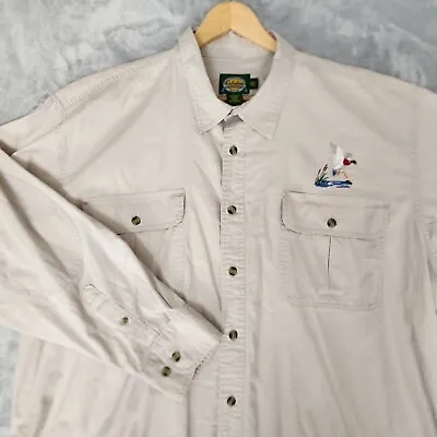 Cabelas Duck Hunting Shirt Mens Size 2XL Outdoor Elbow Patches Button Up Tan XXL • $16.77