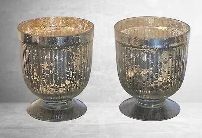 Mercury Glass Silver Ribbed Pedestal Vase Cache Pot Dish Cup Vintage Pair 5  • $45