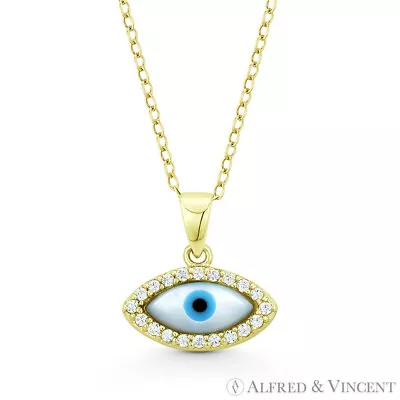 Evil Eye Mother-of-Pearl Luck Charm Sterling Silver 14k Plated Necklace Pendant • $13.19