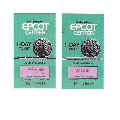 2 Epcot Tickets 1 Day December 28 1987 Vintage Souvenir Disney World Florida • $28