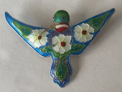 Vintage Zarah HUMMINGBIRD & Flower Enamel Sterling Silver 925 Brooch Pin • $48