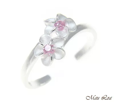 925 Sterling Silver Hawaiian Double Plumeria Flower Pink CZ Open Toe Ring • $11.99