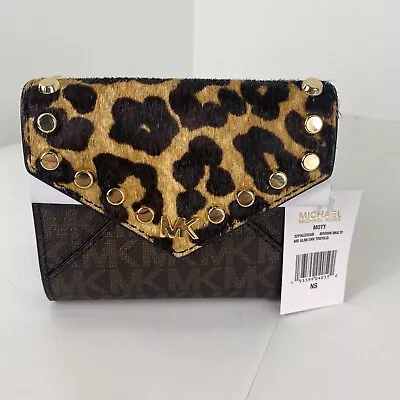 New Michael Kors Mott Wallet Calf Hair Leather Brown Leopard  Print Studded W7 • $94.99