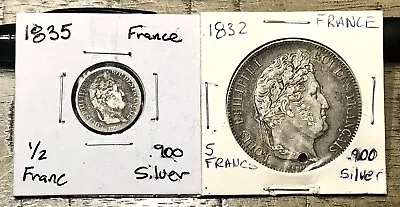 1832 BB 5 Francs + 1835 A 1/2 Franc Louis Philippe .900 Silver Crown World Coin • $48.50