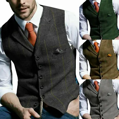 Men Retro-Tweed Waistcoat Wool Blend Formal Plaid-Herringbone Suit Vest Slim Fit • $6.19