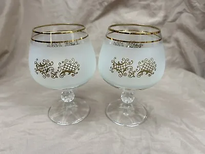 Frosted Glass Vintage Stemmed Glasses Scroll Set Of 2 Gold Trim EUC MCM • $15.99