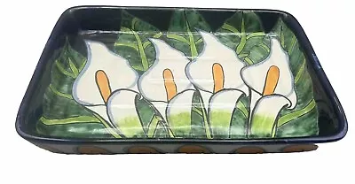 Talavera Sam MEX: 1 Calla Lily Cobalt Blue Pottery Rectangular Baking Dish 13” • $25