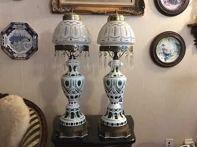 Pair Of Stanning Czech Moser Cristal Wtite Overlay Cut Emerald Green Table Lamps • $1375