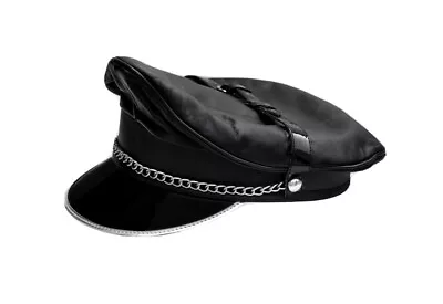 Black Silver Trim Peak Genuine Leather Biker Muir Cap With Chain And Strap • £29.99