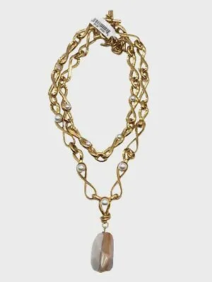 $790 Oscar De La Renta Women's Gold Twisted Loop Agate Stone Pearl Necklace • $251.98