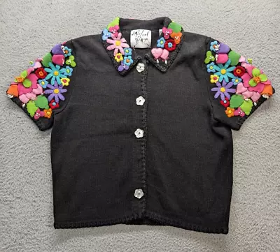 Vintage Michael Simon New York Black Collared Sweater Women Medium W/ 3D Flowers • $34.99