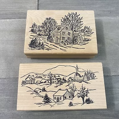 Set Of 2 Magenta Wooden Mounted Stamps Village House Church Winter Barn • $19.99