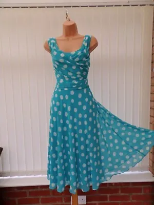 Jacques Vert Sheer Turquoise Chiffon 50's Midi Cocktail Dress 10/12 £189 Once • £89.99