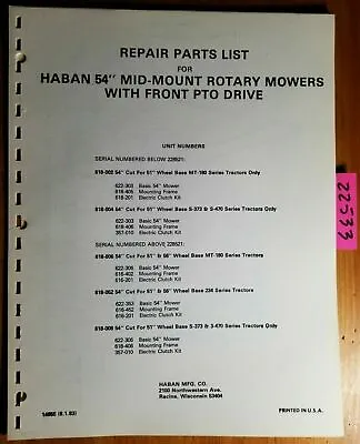 Haban 54  Mid-Mount Rotary Mower With Front PTO Drive Parts Catalog Manual 8/83 • $20