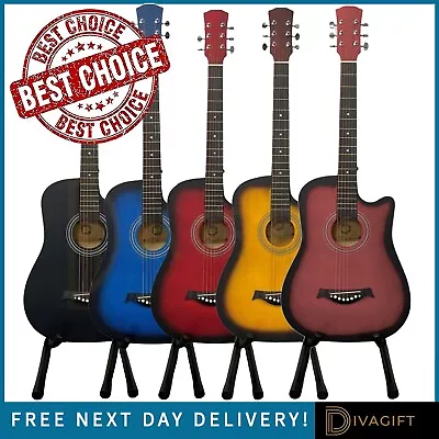 38  Inch Full Size Adult Acoustic Guitar For Beginners Cutaway Hardwood Finish • £29.99