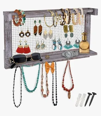 Rustic Jewelry Organizer – Wall Mounted Jewelry Holder Organizer With 16 Hooks • £14.59