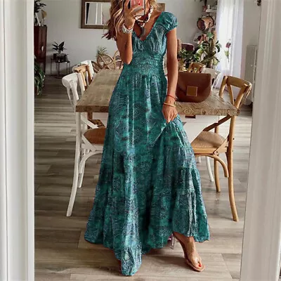 $30.01 • Buy Summer Women's Boho Floral V Neck Maxi Dress Ladies Holiday Beach Sundress