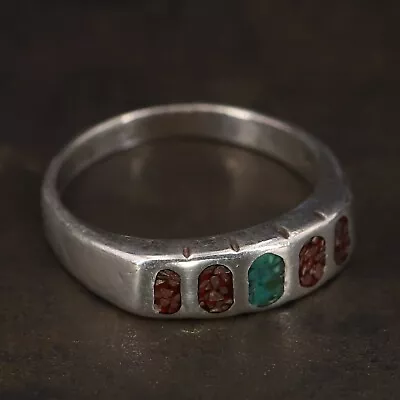 VTG Sterling Silver NAVAJO Turquoise & Coral Inlay Tapered Band Ring Size 8 - 4g • $2.99