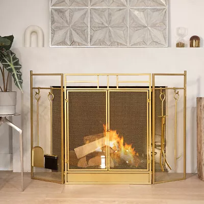 3 Panel Fireplace Screen Spark Guard Hinged Doors Include (4-Fireplace Tool) • $109.95