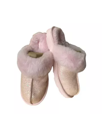 UGG Kids Cozy II Scuff Shearling Wool Lined Slipper Seashell Pink Glitter Sz 6 Y • $84