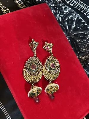 Bollywood Style Gold Plated Indian Jewelry Kundan Mangtika Jhumka Earrings Set • $30