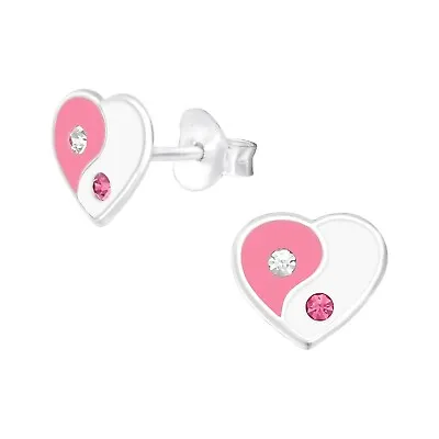 Yin Yang Love Heart 925 Sterling Silver Crystal Ear Studs Kids Adults Jewellery • £6.45