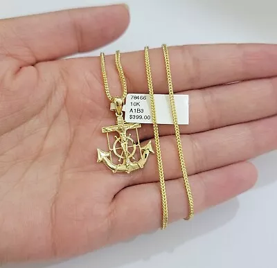 Real 10k Gold Franco Chain Jesus Anchor Charm Pendant Necklace SET Men Women • $399