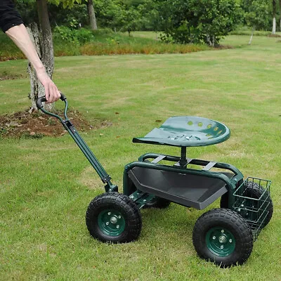 Garden Cart Rolling Swivel Work Seat Gardening Planting Tool Tray Basket Handle • $111.99