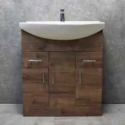 750mm Vanity Unit Inc Ceramic Basin Sink Bathroom Cupboard Storage Walnut • £204.99