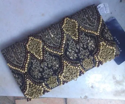 NWT ZARA Beaded Bronze Brown Black & Gold Clutch Wallet Bag • $14.20