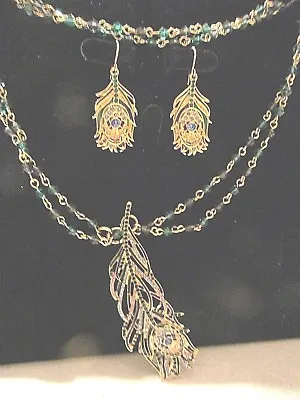 Mma Swarovski Crystal Peacok Feather Necklace And Pierced Earring Set • $145