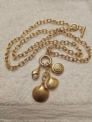 Vintage Mogul Etruscan Long Necklace Matte Brushed Gold Shells Pearl • $85